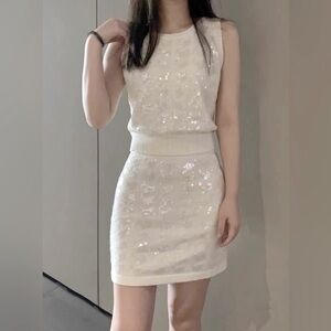 Designer Cream Sequin Wool-Cashmere Knit Set (Top & Skirt)